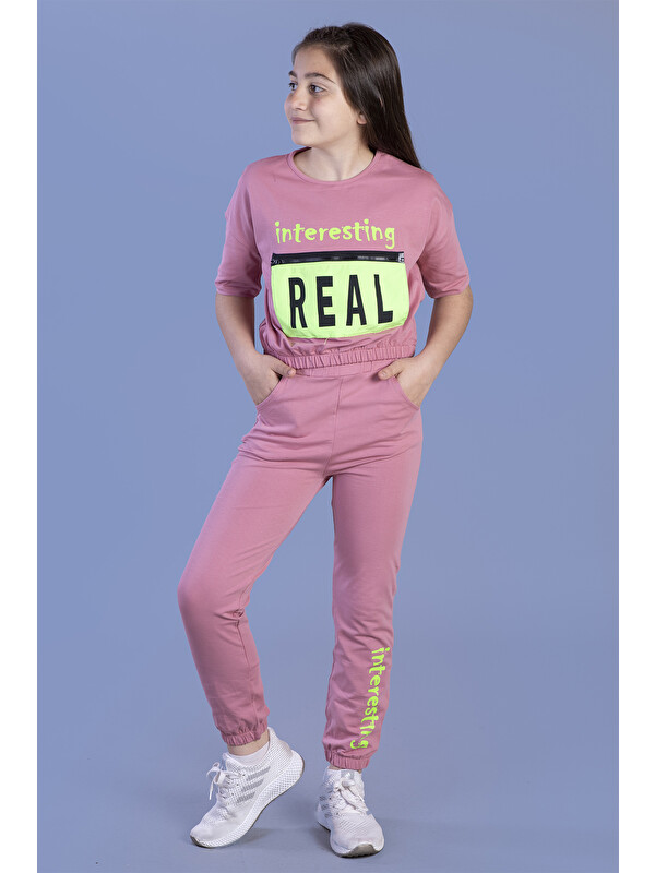 Toontoykids Kız Çocuk Crop Model Cep Detaylı Baskılı Eşofman Takımı