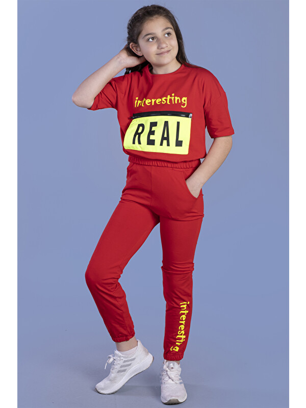 Toontoykids Kız Çocuk Crop Model Cep Detaylı Baskılı Eşofman Takımı