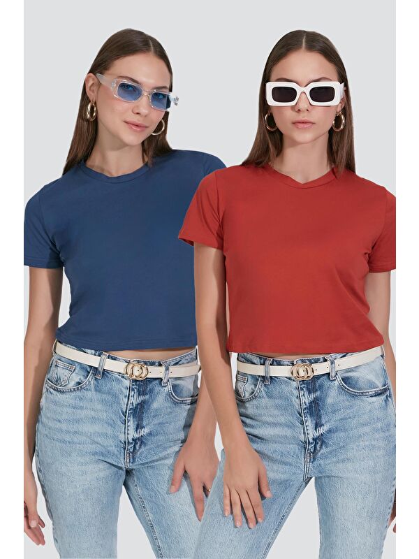 C&City Bisiklet Yaka Kısa Kol 2'li Crop T-Shirt 956 Kiremit/İndigo