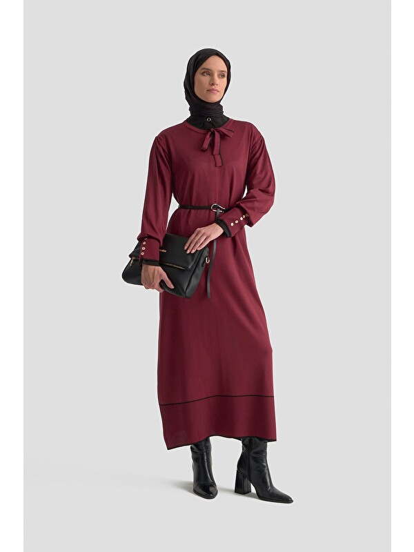 ARMİNE Fularlı Triko Elbise Bordo