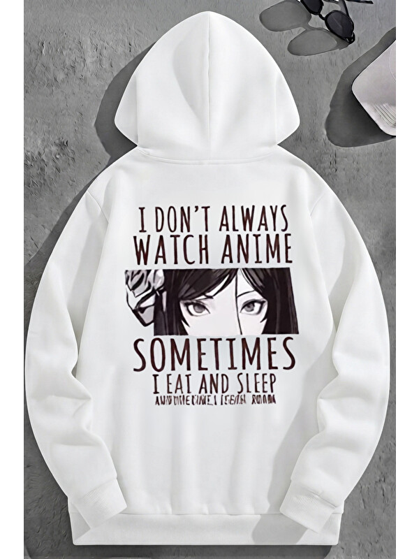 Trendseninle Unisex 3 İplik Pamuklu Beyaz SometimesAnime Baskı Bol Kalıp Sweatshirt Hoodie