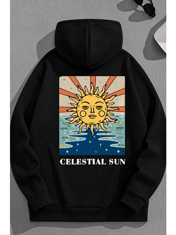 Trendseninle Unisex 3 İplik Pamuklu Siyah CelestialSun Baskı Bol Kalıp Sweatshirt Hoodie