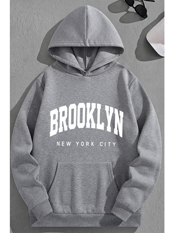 Trendseninle Unisex 3 İplik Pamuklu Gri BrooklynNYC Baskı Bol Kalıp Sweatshirt Hoodie