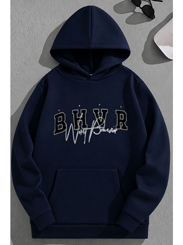 Trendseninle Unisex 3 İplik Pamuklu Lacivert BHVR Baskı Bol Kalıp Sweatshirt Hoodie