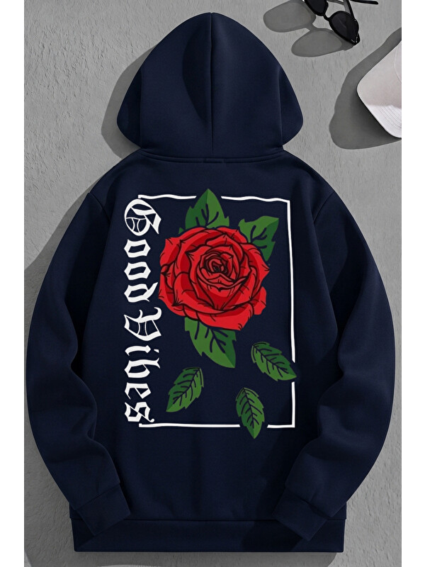 Trendseninle Unisex 3 İplik Pamuklu Lacivert GoodVibesRose Baskı Bol Kalıp Sweatshirt Hoodie