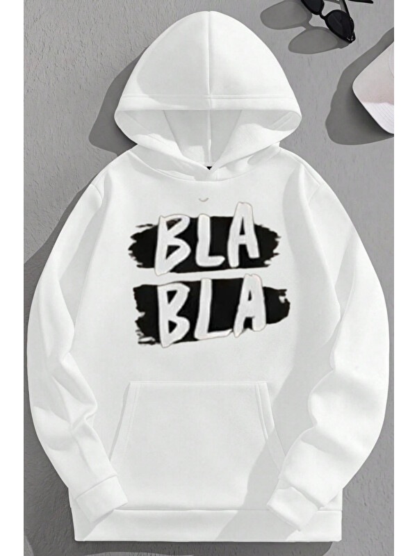 Trendseninle Unisex 3 İplik Pamuklu Beyaz Blabla Baskı Bol Kalıp Sweatshirt Hoodie