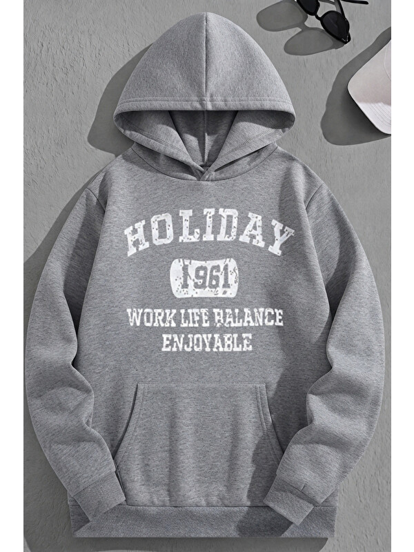 Trendseninle Unisex 3 İplik Pamuklu Gri Holiday Baskı Bol Kalıp Sweatshirt Hoodie
