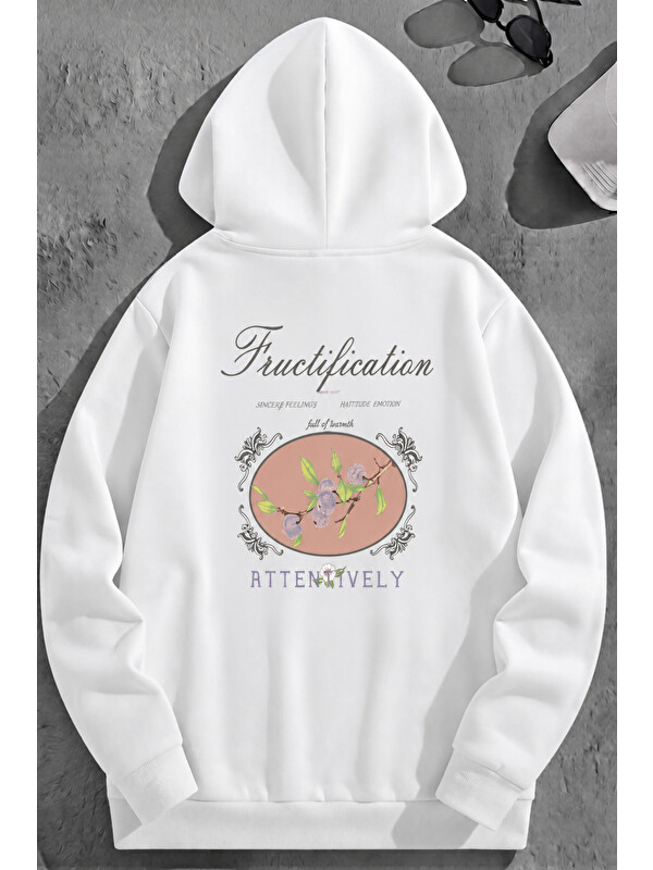 Trendseninle Unisex 3 İplik Pamuklu Beyaz Fructifaticion Baskı Bol Kalıp Sweatshirt Hoodie