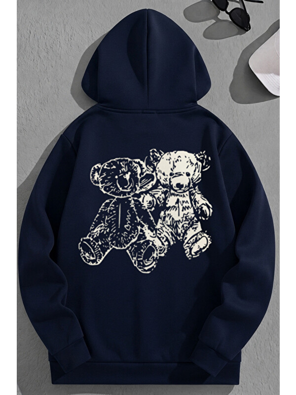 Trendseninle Unisex 3 İplik Pamuklu Lacivert DoubleBears Baskı Bol Kalıp Sweatshirt Hoodie