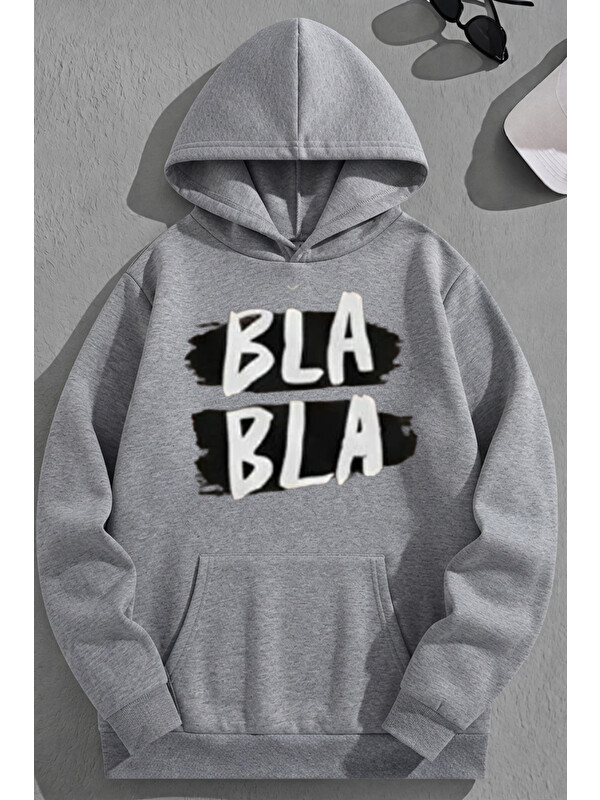 Trendseninle Unisex 3 İplik Pamuklu Gri Blabla Baskı Bol Kalıp Sweatshirt Hoodie
