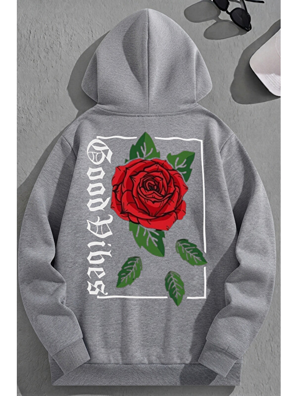 Trendseninle Unisex 3 İplik Pamuklu Gri GoodVibesRose Baskı Bol Kalıp Sweatshirt Hoodie