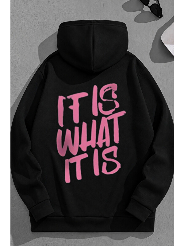 Trendseninle Unisex 3 İplik Pamuklu Siyah ItIsWhat Baskı Bol Kalıp Sweatshirt Hoodie