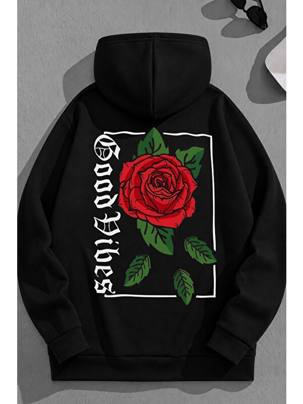 Trendseninle Unisex 3 İplik Pamuklu Siyah GoodVibesRose Baskı Bol Kalıp Sweatshirt Hoodie