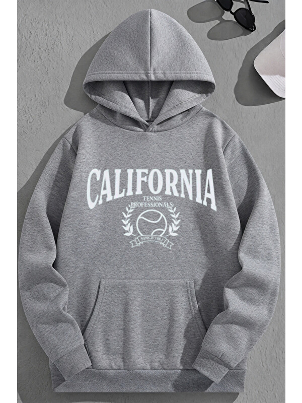 Trendseninle Unisex 3 İplik Pamuklu Gri CalifTennis Baskı Bol Kalıp Sweatshirt Hoodie