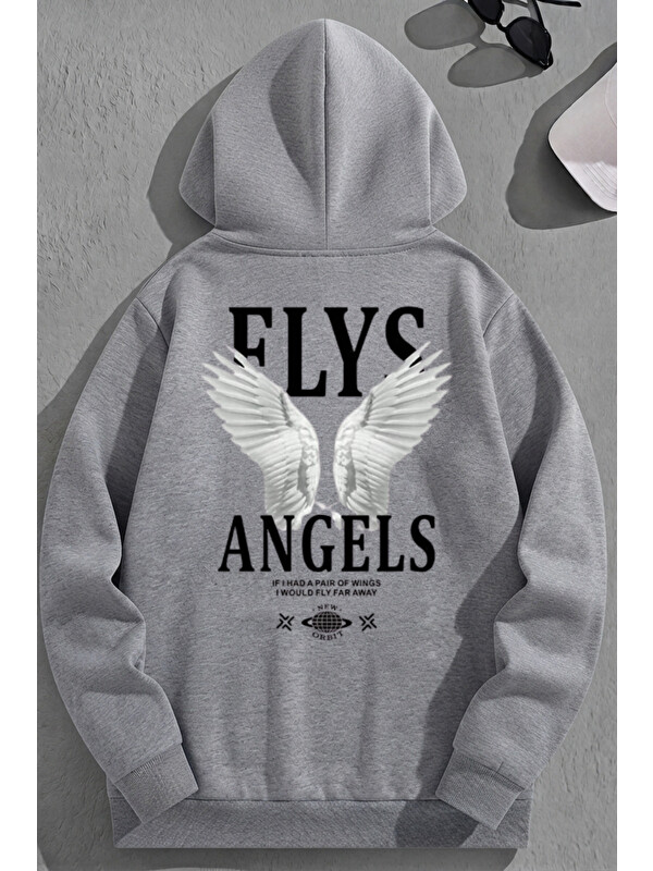 Trendseninle Unisex 3 İplik Pamuklu Gri Flys Baskı Bol Kalıp Sweatshirt Hoodie