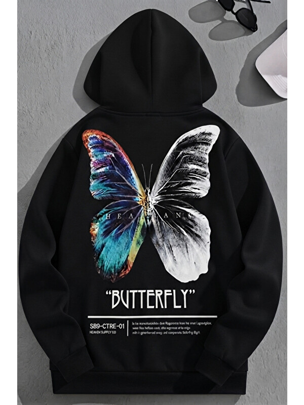 Trendseninle Unisex 3 İplik Pamuklu Siyah Butterfly Baskı Bol Kalıp Sweatshirt Hoodie