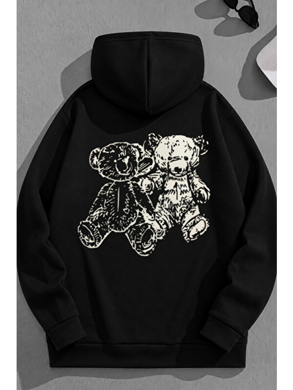 Trendseninle Unisex 3 İplik Pamuklu Siyah DoubleBears Baskı Bol Kalıp Sweatshirt Hoodie