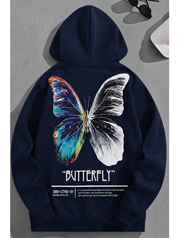 Trendseninle Unisex 3 İplik Pamuklu Lacivert Butterfly Baskı Bol Kalıp Sweatshirt Hoodie