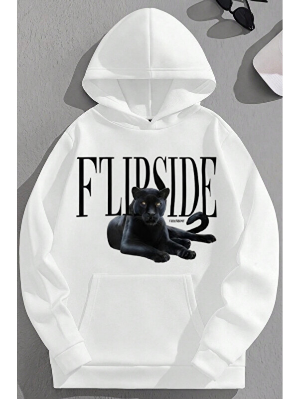 Trendseninle Unisex 3 İplik Pamuklu Beyaz Flipside Baskı Bol Kalıp Sweatshirt Hoodie