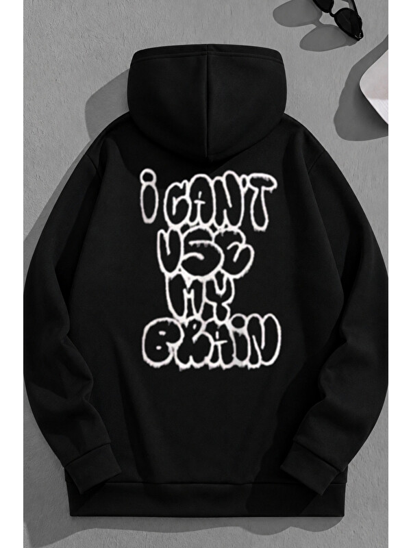 Trendseninle Unisex 3 İplik Pamuklu Siyah UseMyBrain Baskı Bol Kalıp Sweatshirt Hoodie