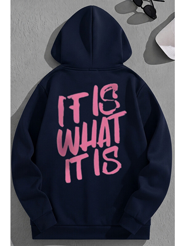 Trendseninle Unisex 3 İplik Pamuklu Lacivert ItIsWhat Baskı Bol Kalıp Sweatshirt Hoodie