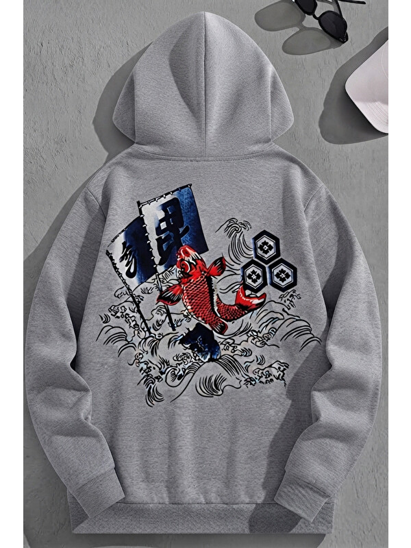 Trendseninle Unisex 3 İplik Pamuklu Gri JaponBalık Baskı Bol Kalıp Sweatshirt Hoodie