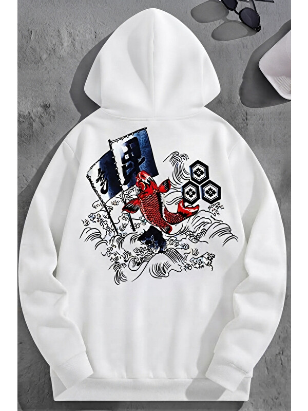 Trendseninle Unisex 3 İplik Pamuklu Beyaz JaponBalık Baskı Bol Kalıp Sweatshirt Hoodie
