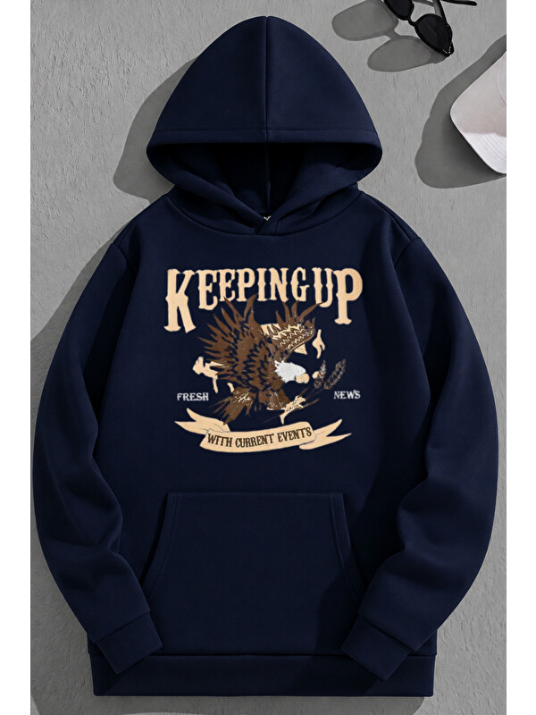 Trendseninle Unisex 3 İplik Pamuklu Lacivert KeepingUp Baskı Bol Kalıp Sweatshirt Hoodie