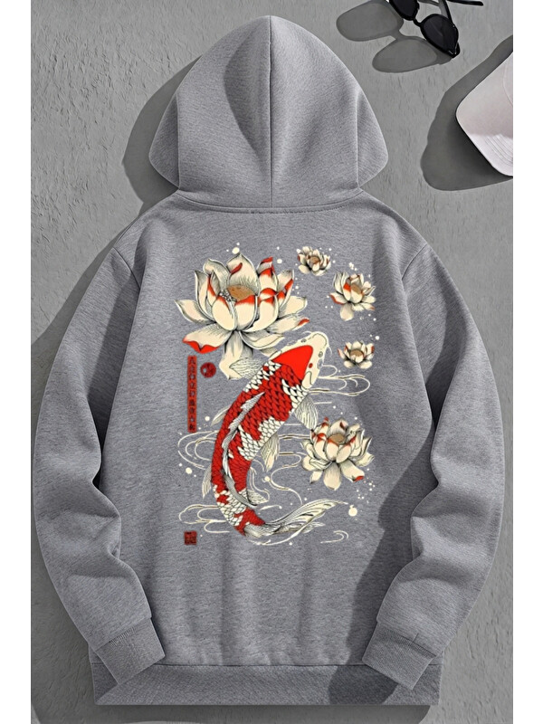 Trendseninle Unisex 3 İplik Pamuklu Gri KoreaFish Baskı Bol Kalıp Sweatshirt Hoodie