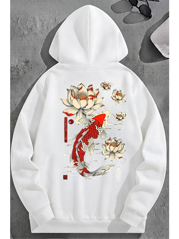 Trendseninle Unisex 3 İplik Pamuklu Beyaz KoreaFish Baskı Bol Kalıp Sweatshirt Hoodie