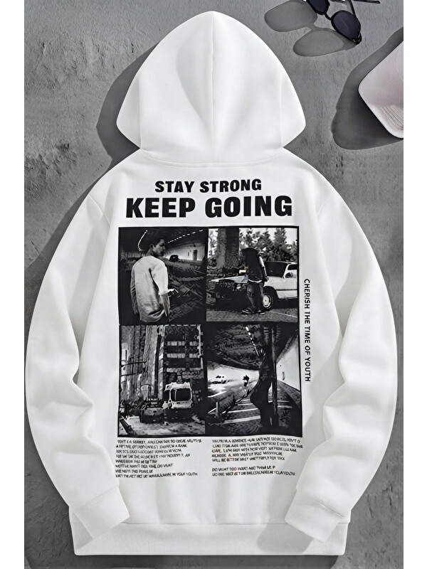 Trendseninle Unisex 3 İplik Pamuklu Beyaz KeepGoing Baskı Bol Kalıp Sweatshirt Hoodie