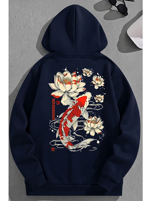Trendseninle Unisex 3 İplik Pamuklu Lacivert KoreaFish Baskı Bol Kalıp Sweatshirt Hoodie