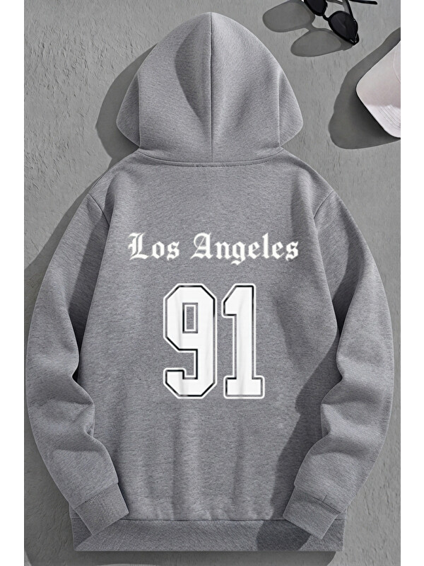 Trendseninle Unisex 3 İplik Pamuklu Gri LosAngeles91 Baskı Bol Kalıp Sweatshirt Hoodie