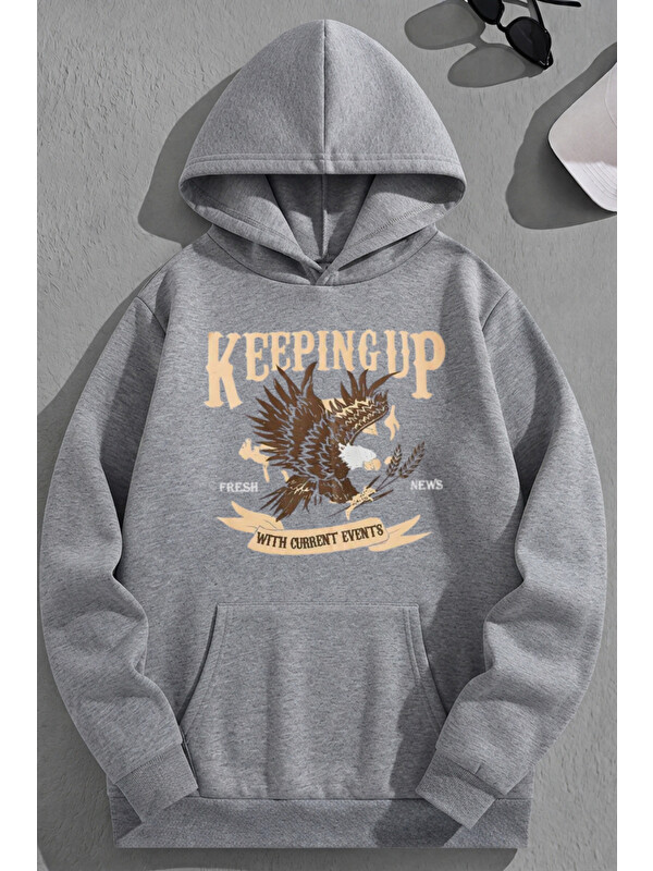 Trendseninle Unisex 3 İplik Pamuklu Gri KeepingUp Baskı Bol Kalıp Sweatshirt Hoodie