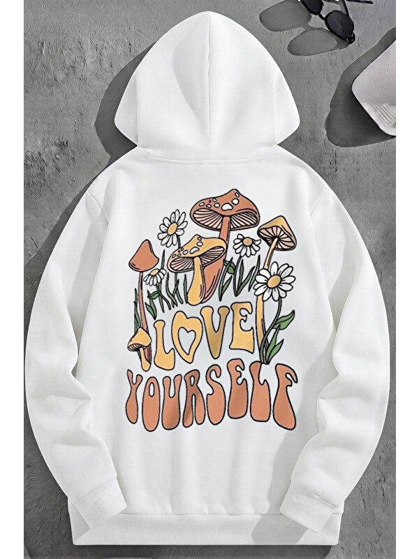 Trendseninle Unisex 3 İplik Pamuklu Beyaz LoveYourself Baskı Bol Kalıp Sweatshirt Hoodie