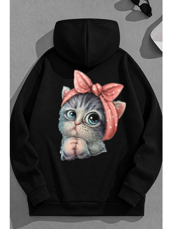 Trendseninle Unisex 3 İplik Pamuklu Siyah MinikKedi Baskı Bol Kalıp Sweatshirt Hoodie