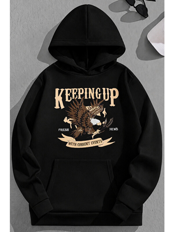 Trendseninle Unisex 3 İplik Pamuklu Siyah KeepingUp Baskı Bol Kalıp Sweatshirt Hoodie