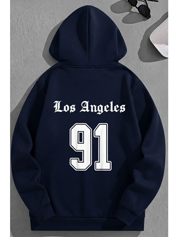 Trendseninle Unisex 3 İplik Pamuklu Lacivert LosAngeles91 Baskı Bol Kalıp Sweatshirt Hoodie