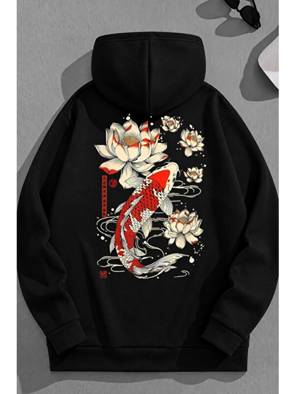 Trendseninle Unisex 3 İplik Pamuklu Siyah KoreaFish Baskı Bol Kalıp Sweatshirt Hoodie
