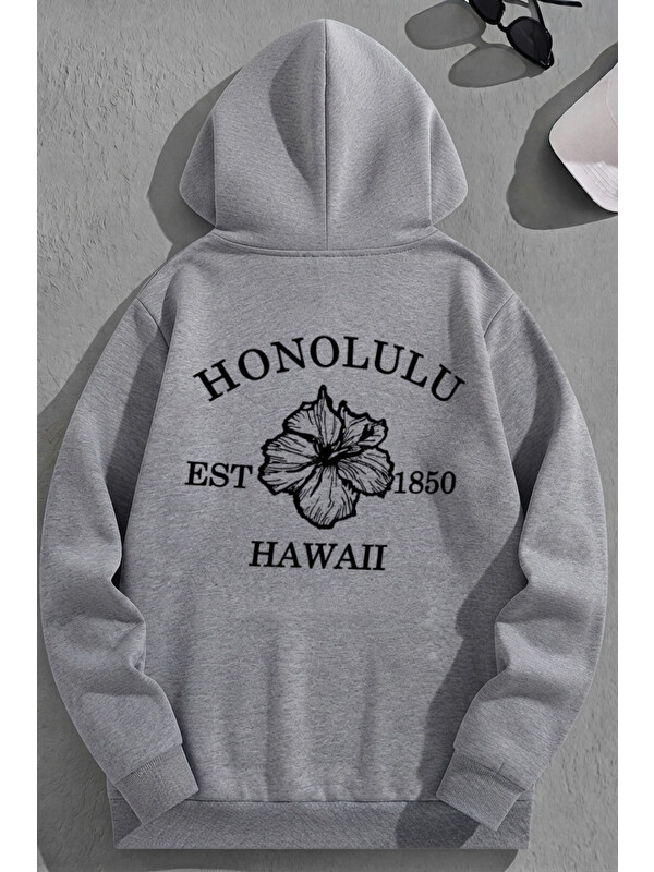 Trendseninle Unisex 3 İplik Pamuklu Gri Honolulu Baskı Bol Kalıp Sweatshirt Hoodie