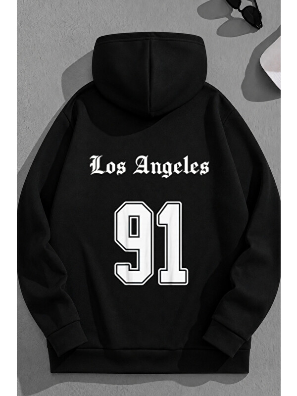 Trendseninle Unisex 3 İplik Pamuklu Siyah LosAngeles91 Baskı Bol Kalıp Sweatshirt Hoodie