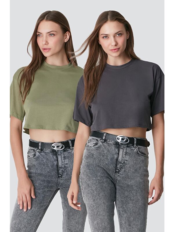 C&City Bisiklet Yaka 2'li Crop T-Shirt 959 Haki/Füme