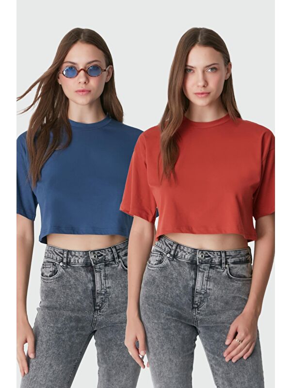 C&City Bisiklet Yaka 2'li Crop T-Shirt 959 Kiremit/İndigo