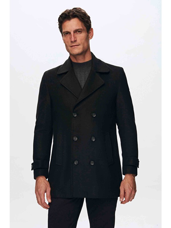D'S damat Regular Fit Siyah Mono Yaka Kruvaze Kaban