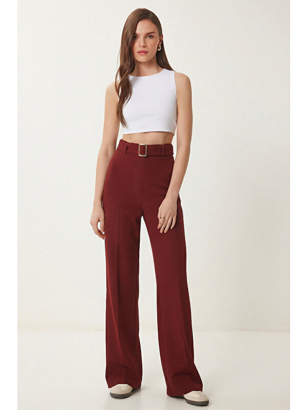 Happiness İstanbul Kemerli Nervür Detaylı Örme Pantolon BORDO LUB0329