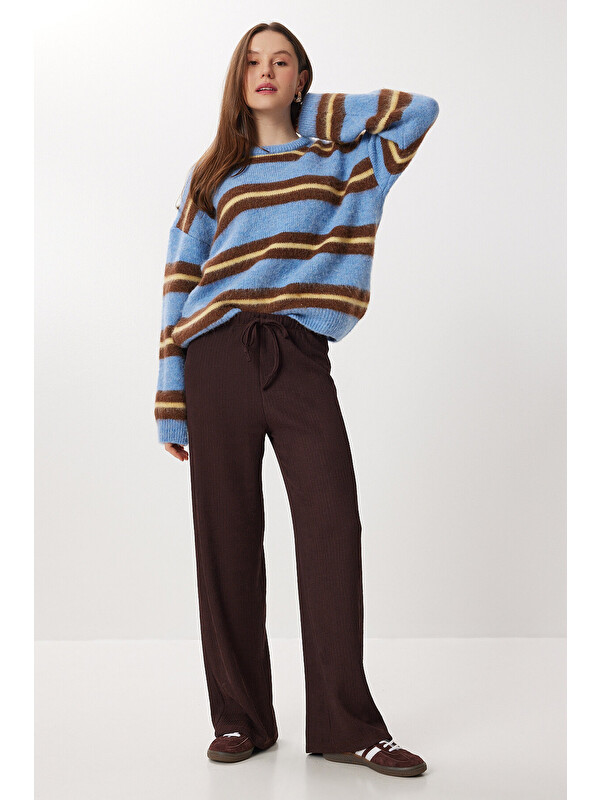 Happiness İstanbul Geniş Paça Krinkıl Örme Pantolon KAHVERENGİ LCI0057