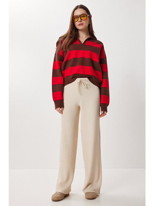 Happiness İstanbul Geniş Paça Krinkıl Örme Pantolon KREM LCI0057