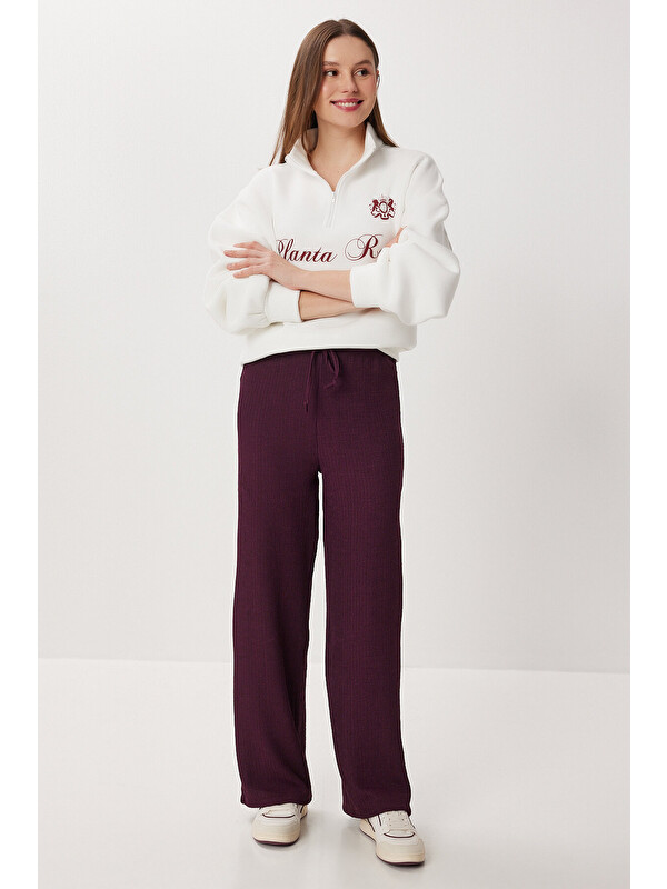 Happiness İstanbul Geniş Paça Krinkıl Örme Pantolon MÜRDÜM LCI0057