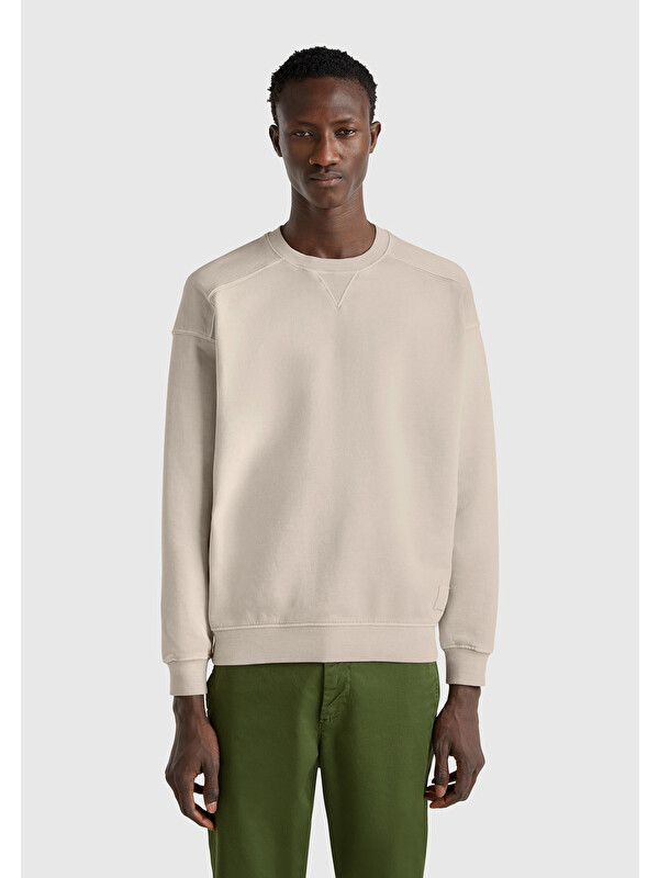 United Colors Of Benetton Erkek Taş Rengi Pamuklu Logo Etiketi Detaylı Bisiklet Yaka Sweatshirt