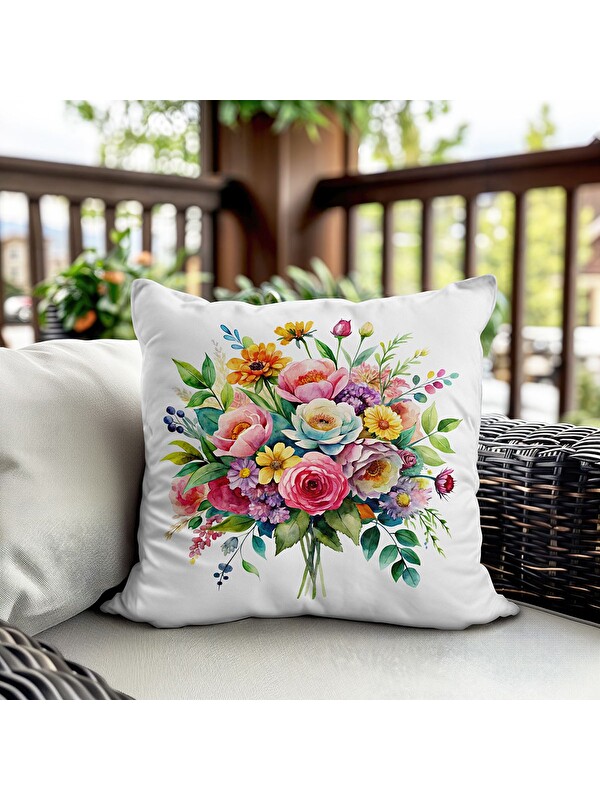 Evmila Bahar Temalı Kadife Kırlent Kılıfı 43x43 Cm Çift Taraf Baskı